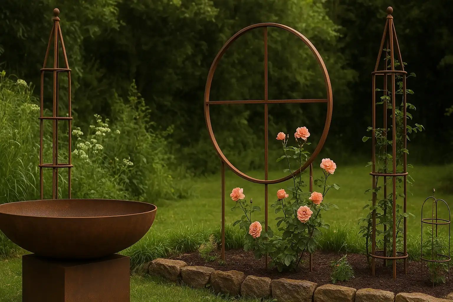 Rund espalier og høje rosenbuer i cortenstål omgivet af blomstrende roser og bålsted i haven – håndlavet dansk havekunst fra Onlinesmeden